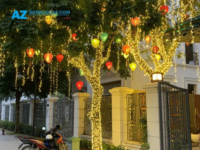 trang-tri-den-led-quan-cay Lắp đặt trang trí đèn led quấn cây ( thả đèn lồng)